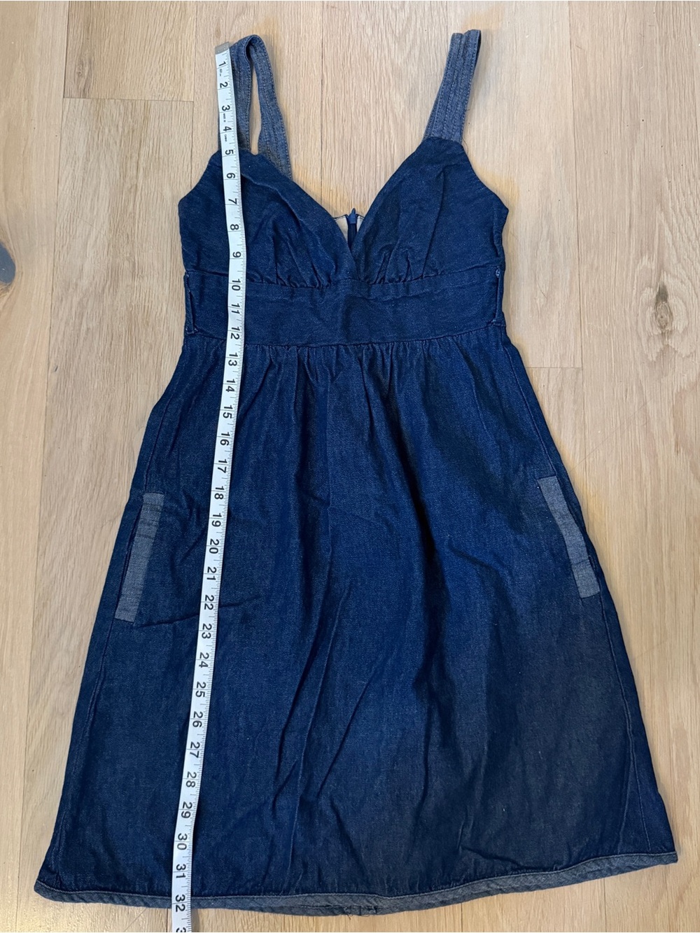vintage navy blue denim mini babydoll dress with pockets - Picture 3 of 6